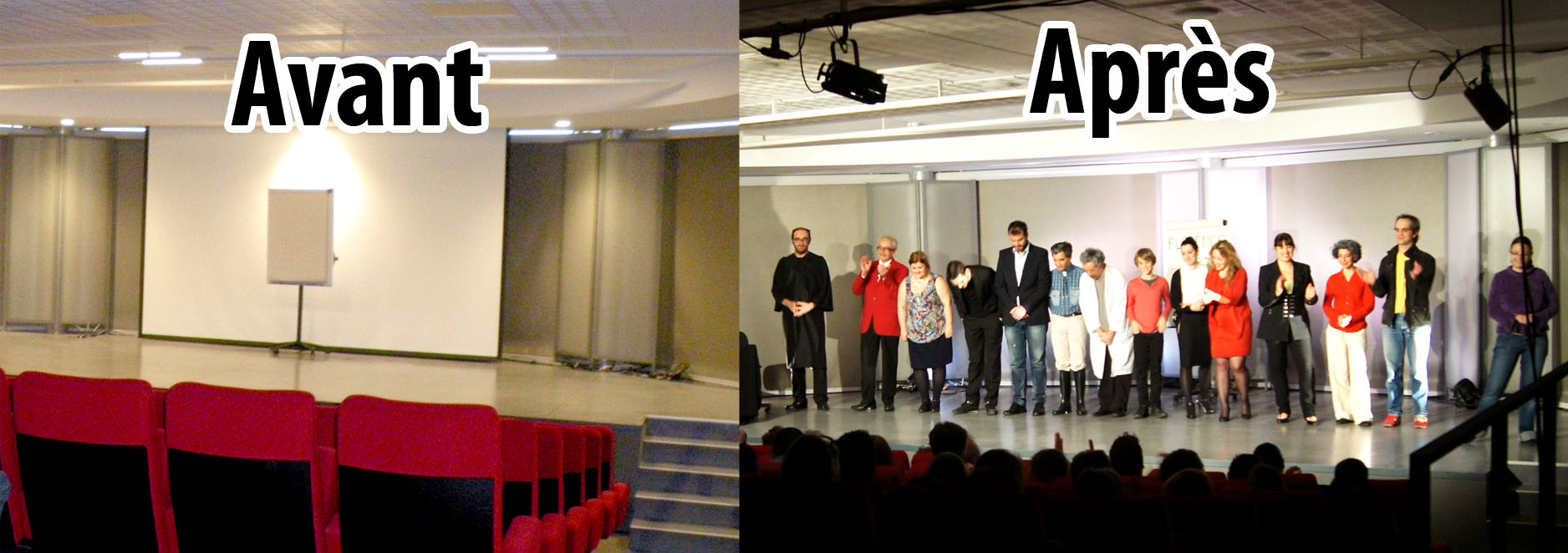 Photographies montrant la salle nue et préparée pour une représentation théâtrale.
